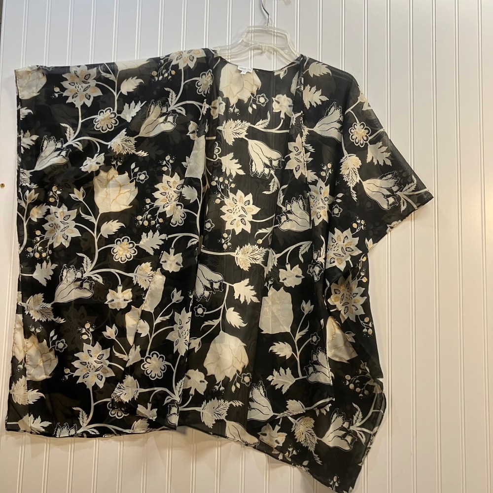 Coldwater Creek Floral Kimono Black Cream Gold Metallic Sheer One Size Cover Up